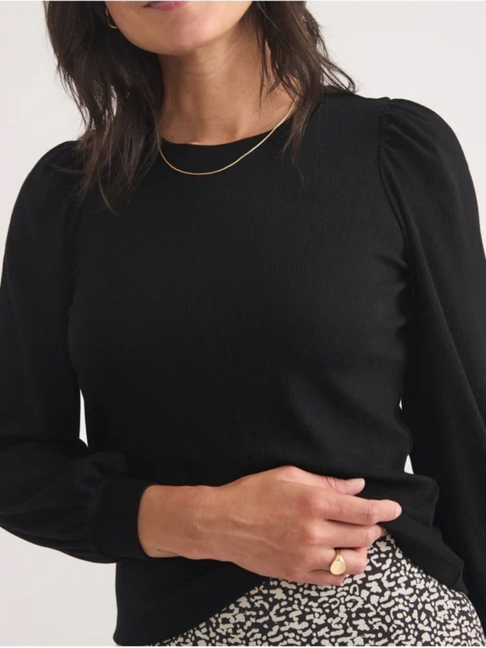 Marine Layer Black Ribbed Puff-Sleeve Long-Sleeve Tee